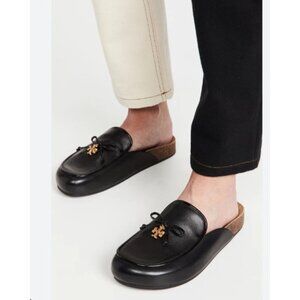 Tory Burch Charm Mules Flat Slip-on Black Genuine Leather Natural Cork US Size 7